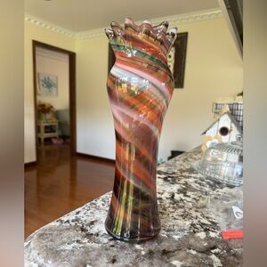 Murano Hand Blown Vase Style, Ruffle Top, Green, Purple, Pink & Orange Swirl
